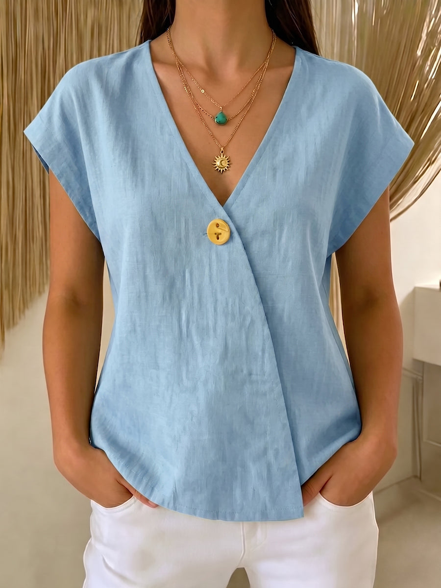 Casual Solid-color V-neck Cotton-linen Blouse
