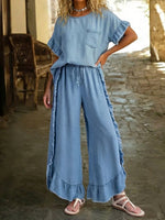 Women's Casual Tencel Denim Top With Ruffle Details And Matching Ruffle Pants Two-piece Set.