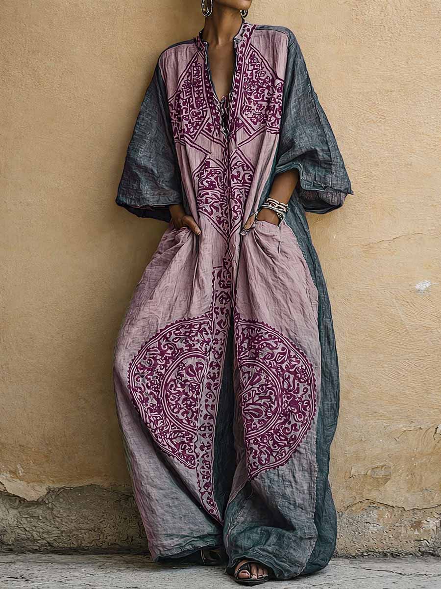 Women's Vintage Print V-neck 3/4-sleeve Cotton-linen Jumpsuit