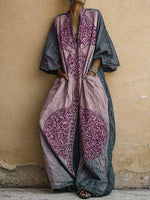 Women's Vintage Print V-neck 3/4-sleeve Cotton-linen Jumpsuit