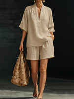 Minimalist Cozy V-neck Shirt And Shorts Linen Cotton Two-piece Set