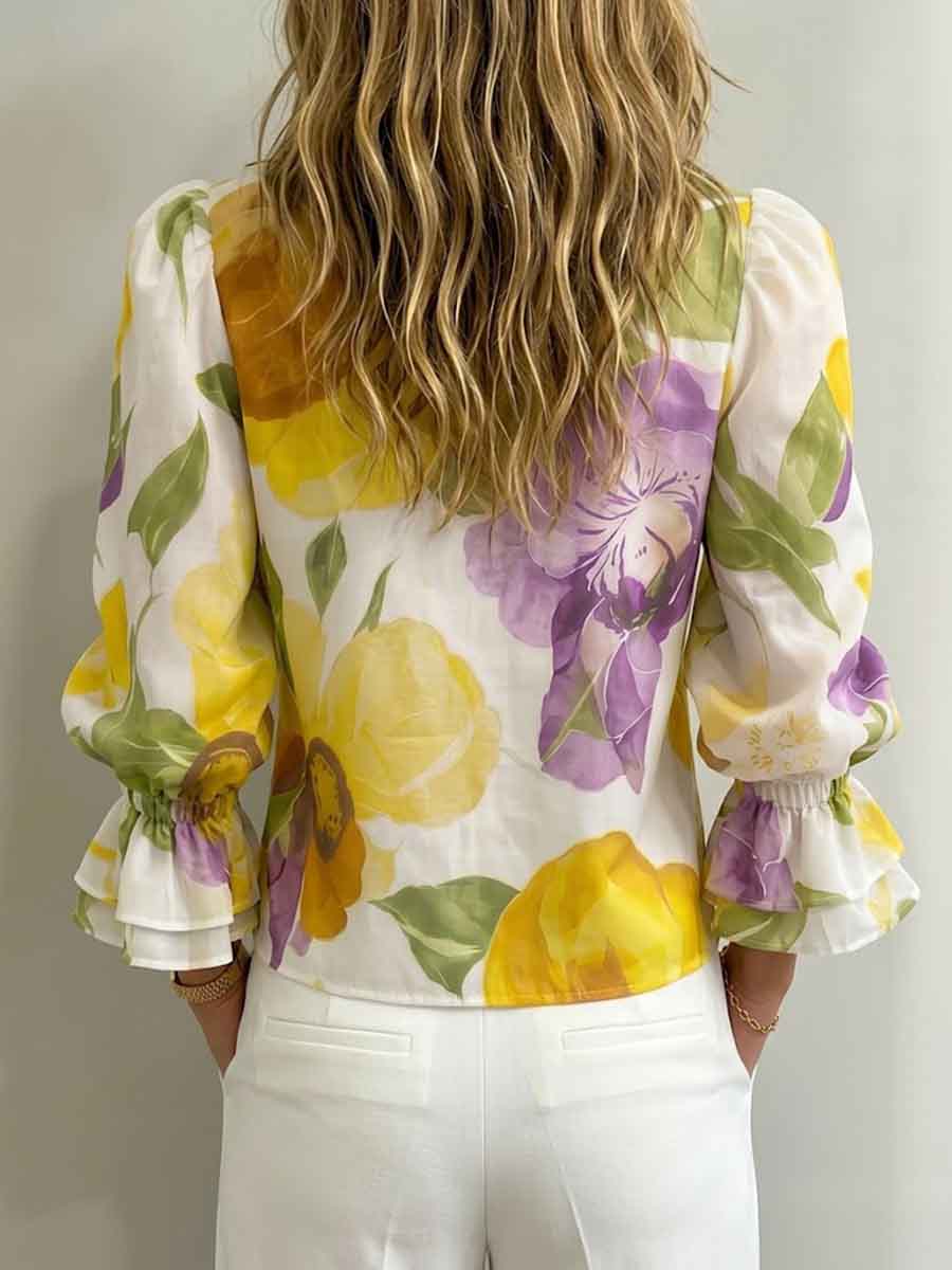 Women's Elegant Floral Print V-neck Ruffled Shirt