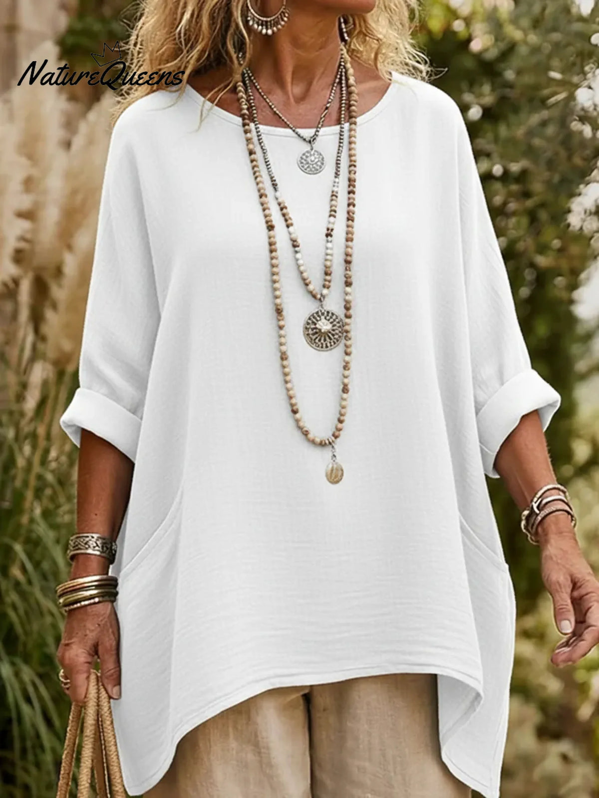 Casual V-neck Pocketed Irregular Hem Cotton And Linen Shirt