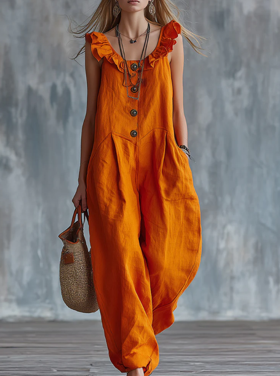 Boho Sleeveless Button Front Pocketed Linen Overalls