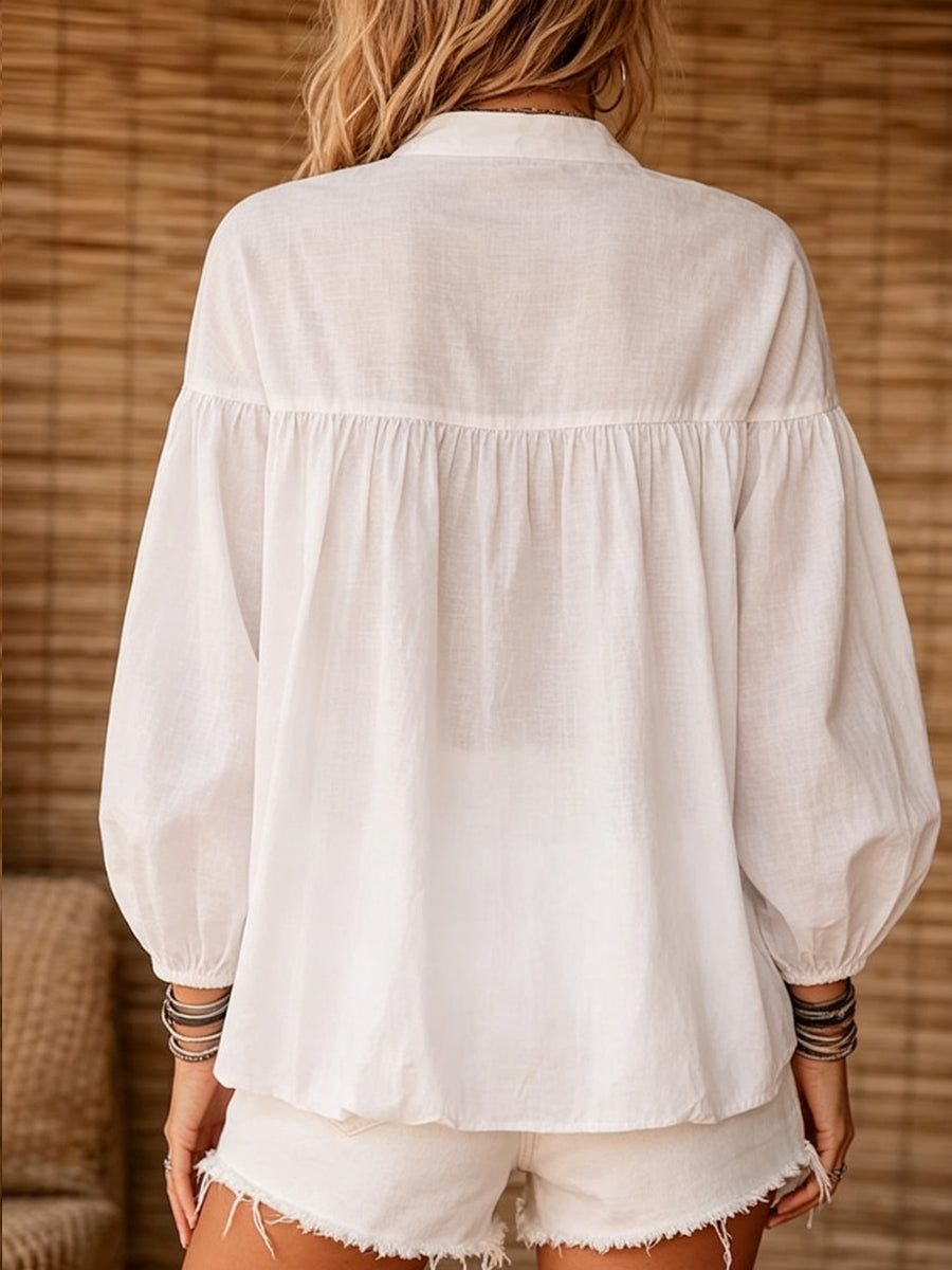 Women's Simple And Gentle Style Bow Cotton Linen Top