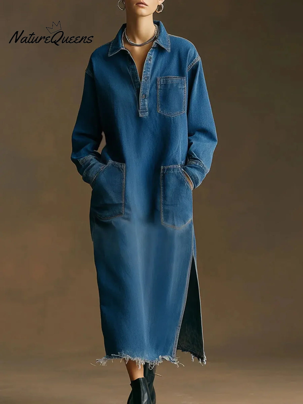 Women's Cardigan Collar Long Sleeve Casual Loose Denim Dress