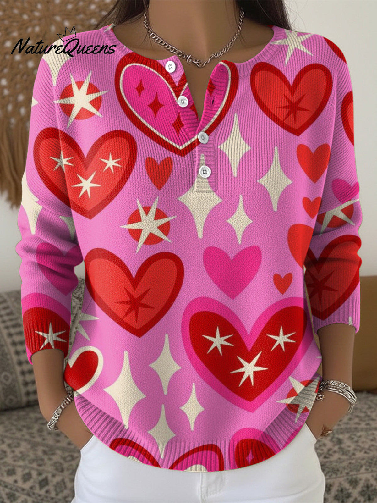 Fun Heart-shaped Decorative Patterns For Valentine's Day Casual Cardigan Collar Long Sleeve Sweater