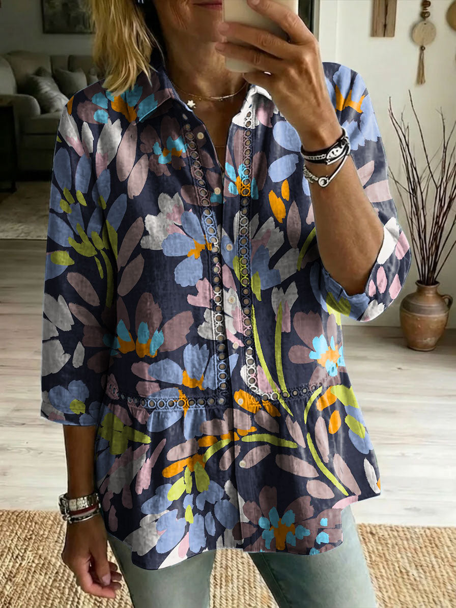 Floral Flowers Art Patterns Casual Patchwork Openwork Webbing Linen And Cotton Shirt