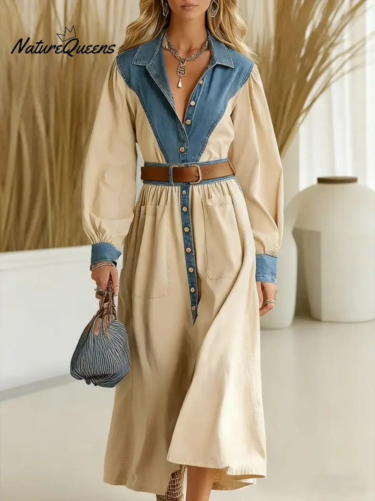 Women's Denim Solid Color Patchwork Shirt Collar Long Sleeve Casual Loose Shirt Dress