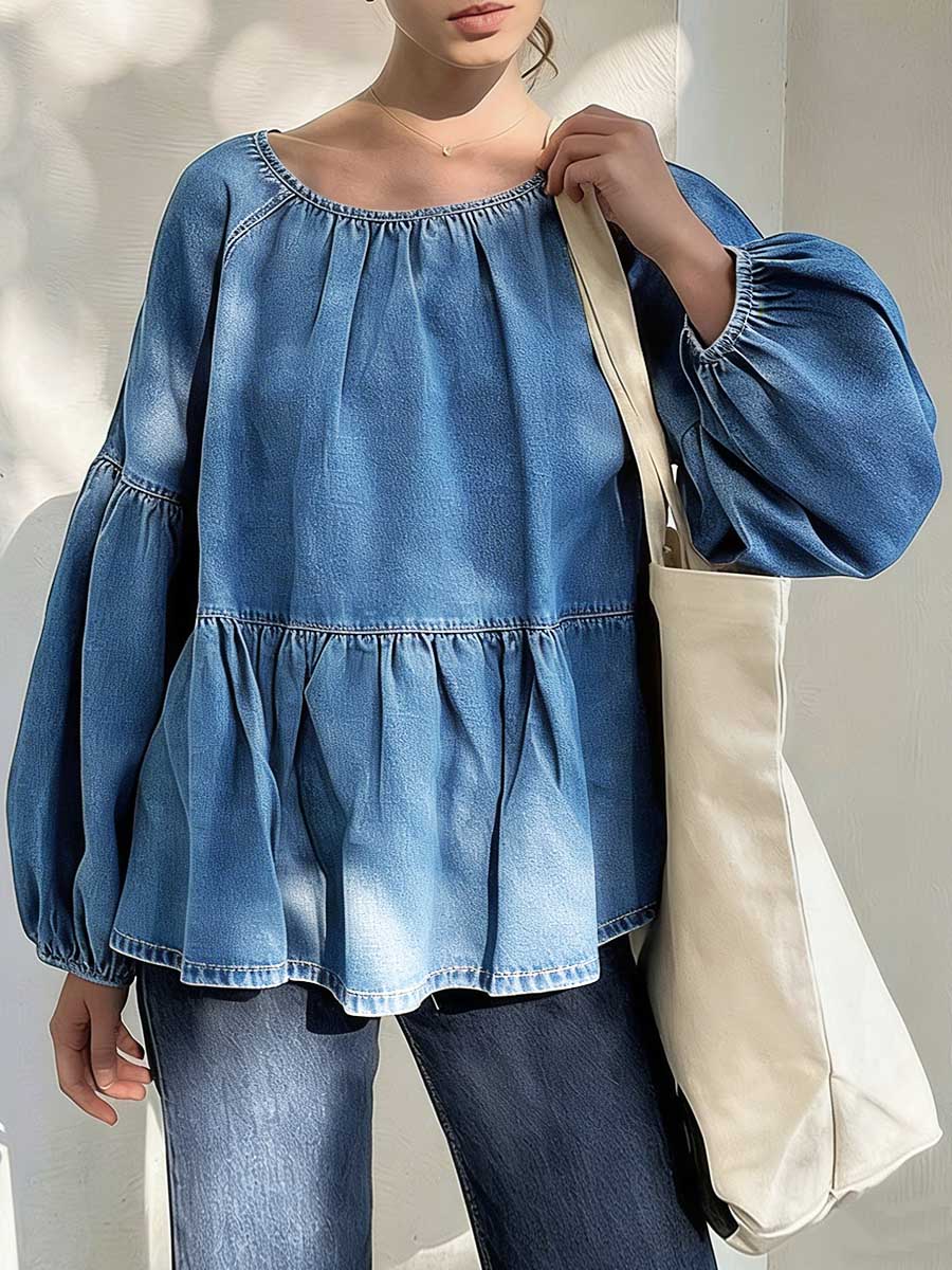 Women's Round Neck Long-sleeved Loose-fitting Casual Denim Top.