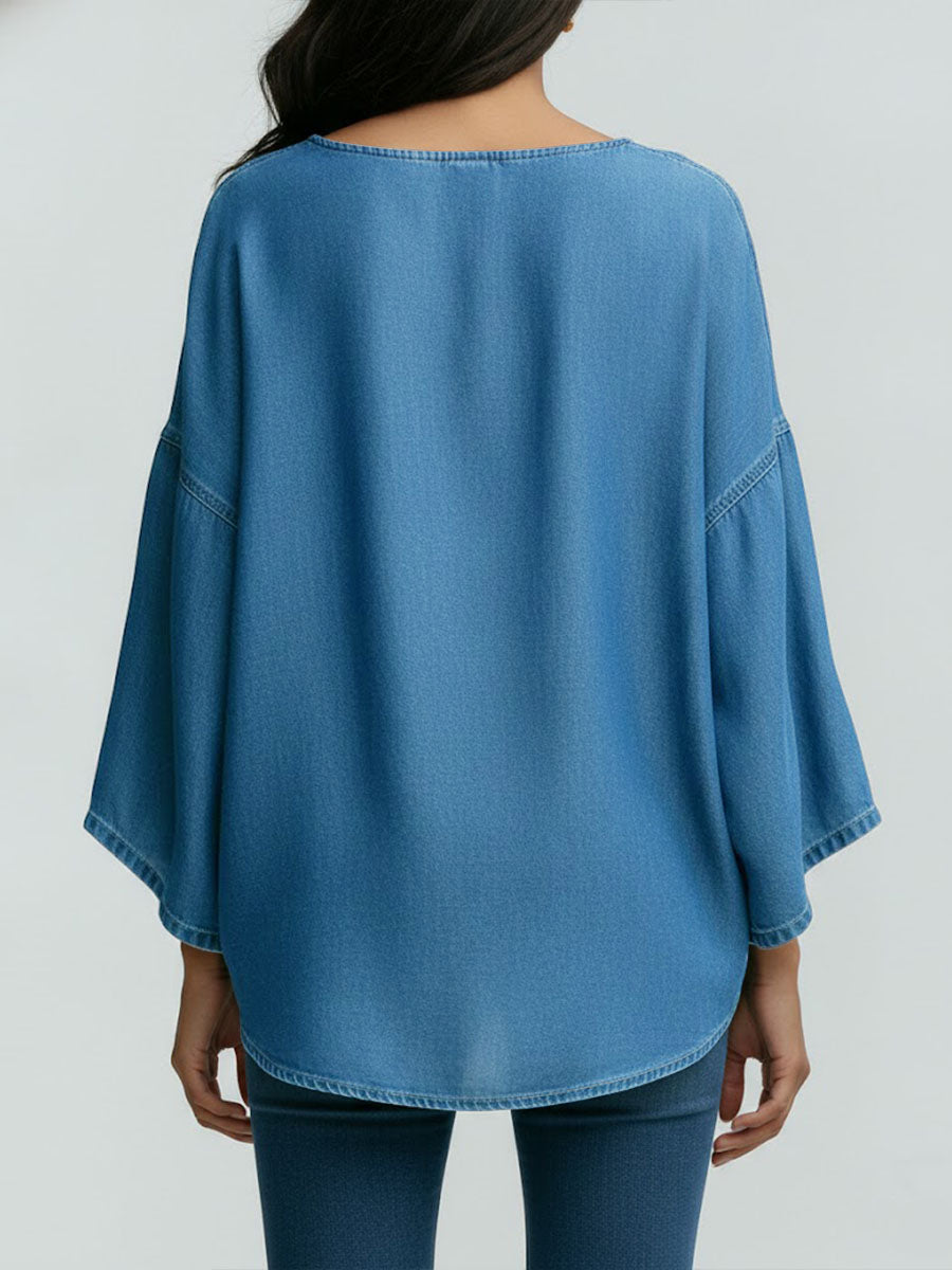 Women's Round Neck Long-sleeved Loose-fitting Casual Denim Top