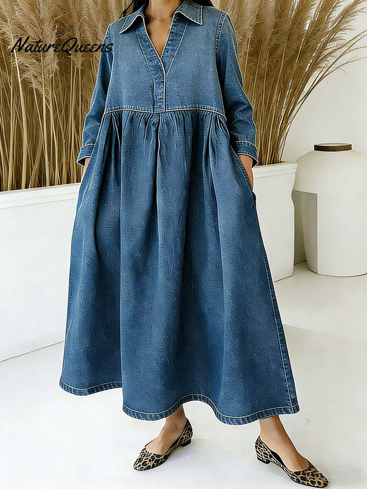 Women's V-neck Long-sleeved Casual Loose Denim Dress