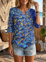 “Deep Sea Dream" Fish Print Henley Cotton T-shirt