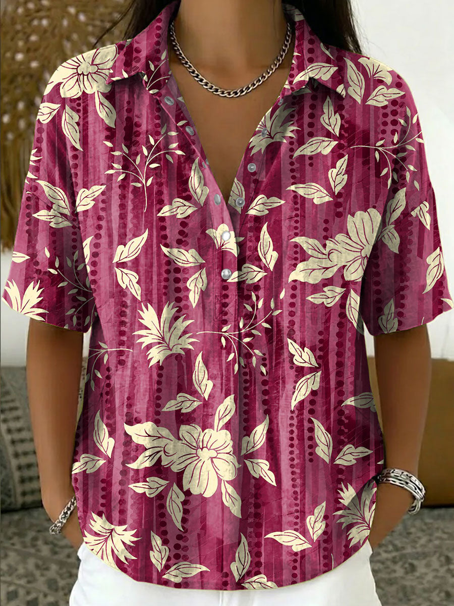 Women's Vintage Botanical Floral Casual Polo Collar Short-sleeved Linen And Cotton Shirt