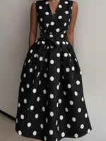 Elegant V-neck Polka Dot Print Denim Dress