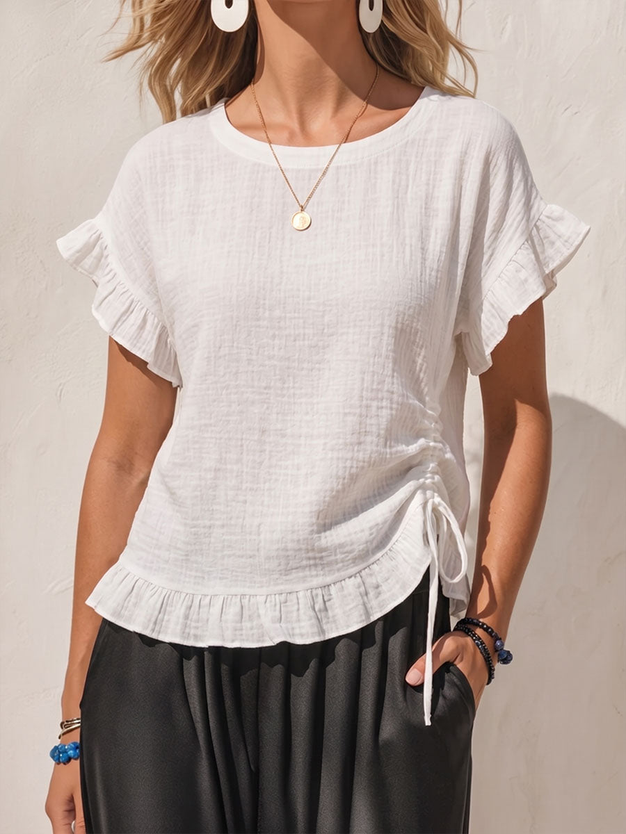 Women's Solid-color Round-neck Short-sleeve Loose-fit Cotton-linen Top