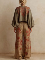 Women's Vintage-print Cotton-linen Two-piece Set: V-neck Long-sleeve Loose-fit Top & Elastic-waist Wide-leg Pants