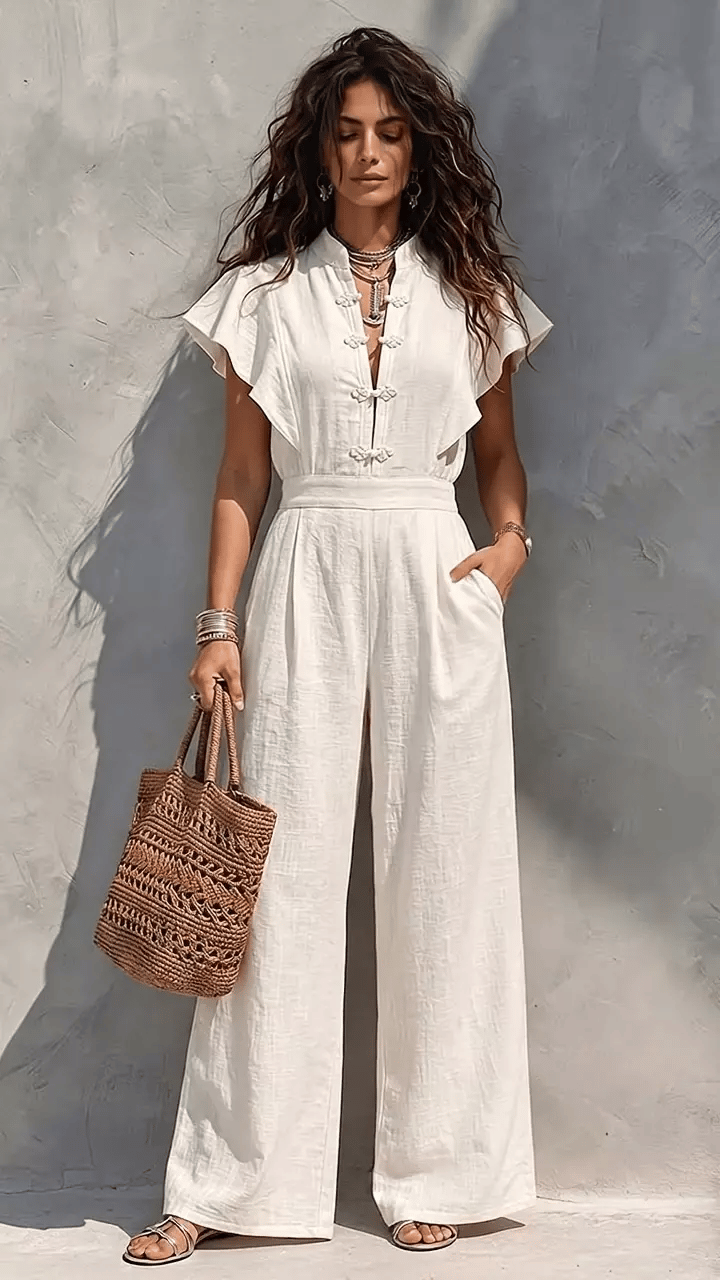 Vacation-Style Women's Linen-Blend Jumpsuit — Stand Collar, Chinese Knot Buttons, Flowy Short Sleeves, High Waist, and Wide-Leg Pants