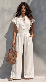 Vacation-Style Women's Linen-Blend Jumpsuit — Stand Collar, Chinese Knot Buttons, Flowy Short Sleeves, High Waist, and Wide-Leg Pants