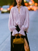 Women Vintage Pleated Frill Mandarin Collar Voluminous Bishop Sleeve Blouse