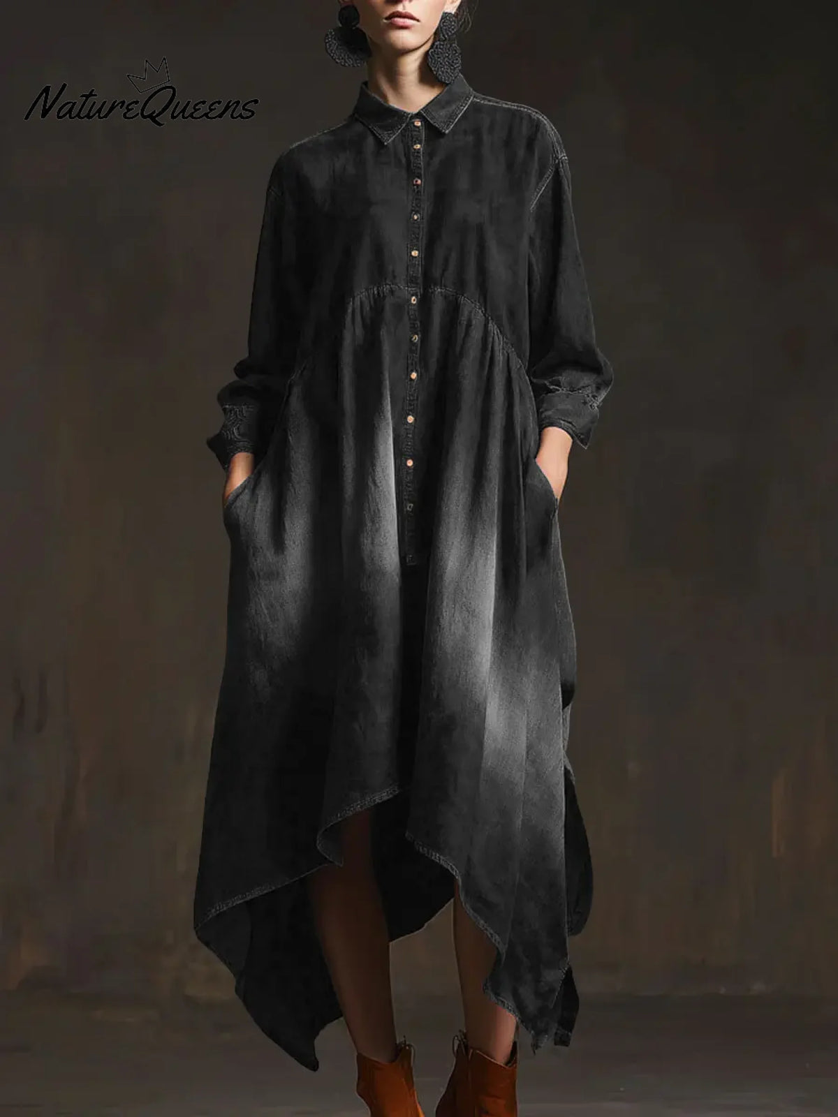 Women's Solid Color Shirt Collar Long-sleeved Casual Loose Cotton Dress