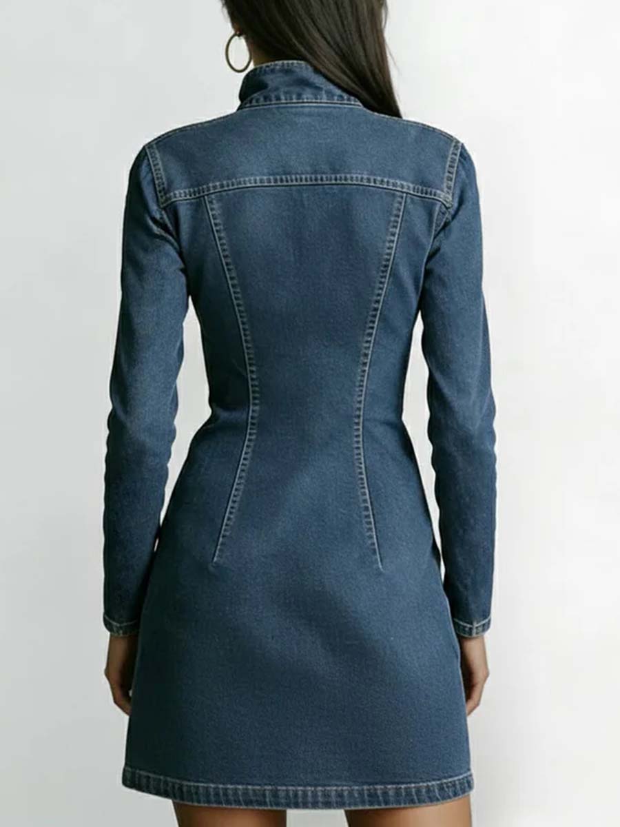 Women's Stand Collar Long Sleeve Casual Slim Fit Denim Dress