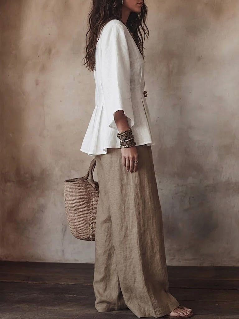 Women's Fitted Waist V-neck Top And Wide-leg Pants Cotton Linen Set