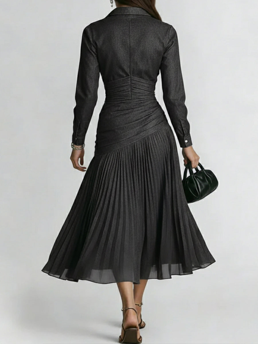 Elegant Patchwork Pleated Chiffon Denim Dress