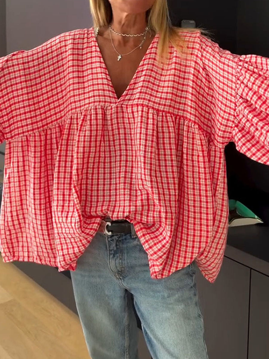 Women's Retro Plaid V-neck Loose-fit Top