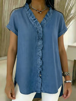 Casual Short-sleeved Denim Shirt With Ruffled Details.