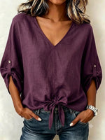 Vintage Purple Linen Blend Knotted V-Neck Blouse