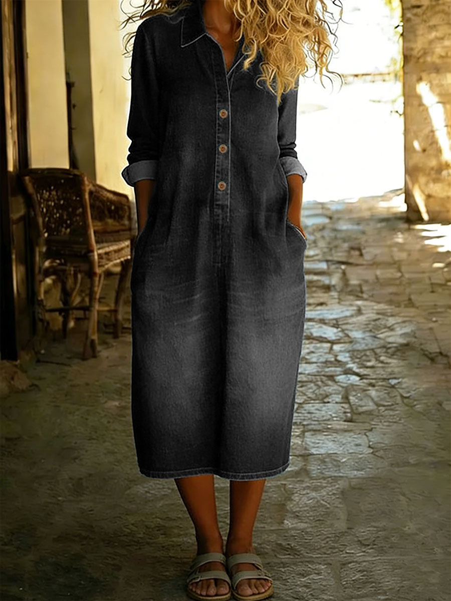 Women's Shirt Collar Long-sleeved Loose Casual Denim Dress