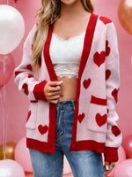 Women's Heart-patterned Print V-neck Long-sleeved Casual Loose-fitting Knitted Cardigan
