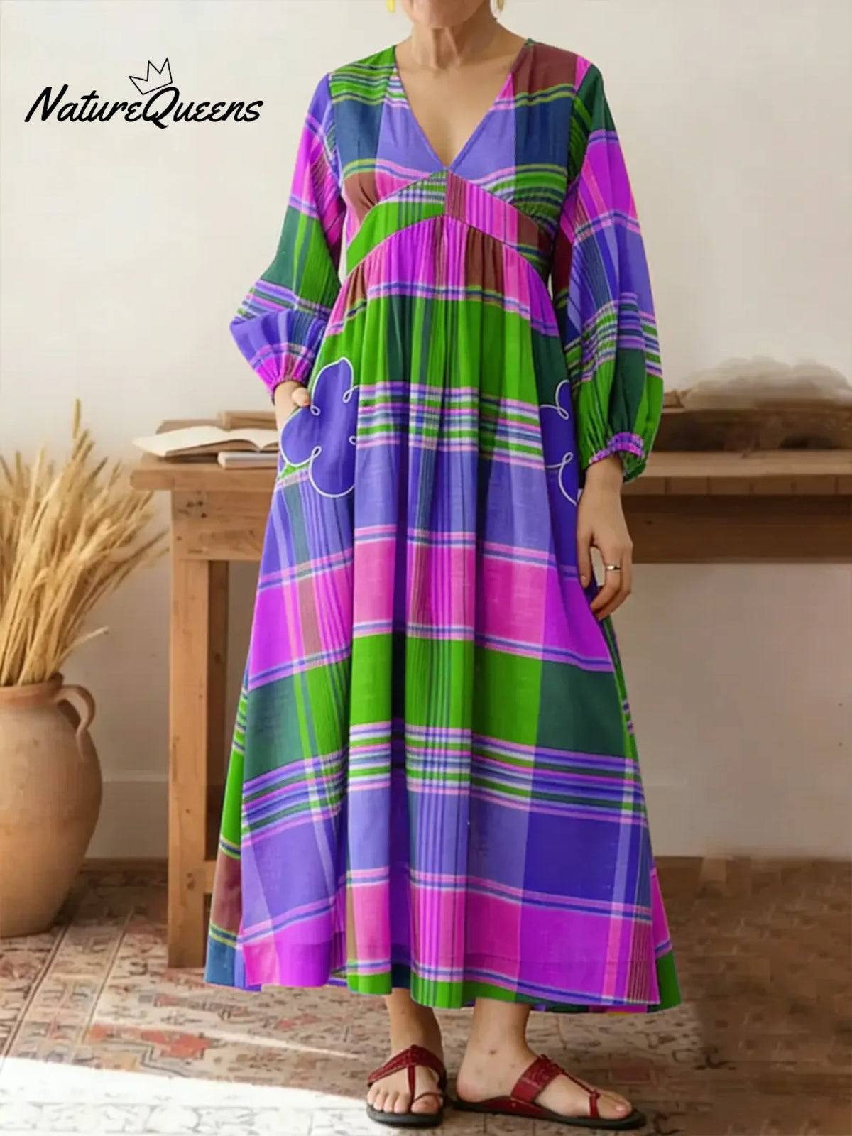 Women's Colorful Plaid Print V-neck Long Sleeve Casual Loose Cotton Linen Dress