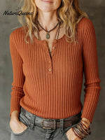 Women's Stretchy Knitted Cotton Henley Top