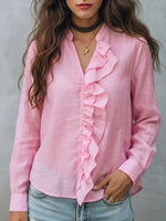 Women's Cotton-linen Shirt With Ruffle Trim