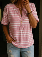Cozy And Casual Henley Collar Striped Cotton T-shirt