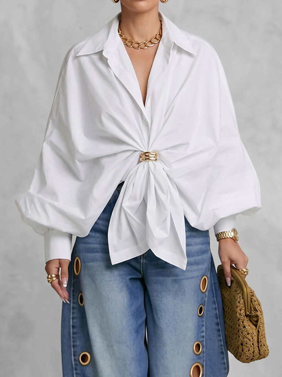 Women's Solid-color Shirt-collar Long-sleeve Casual Loose-fit Cotton Shirt