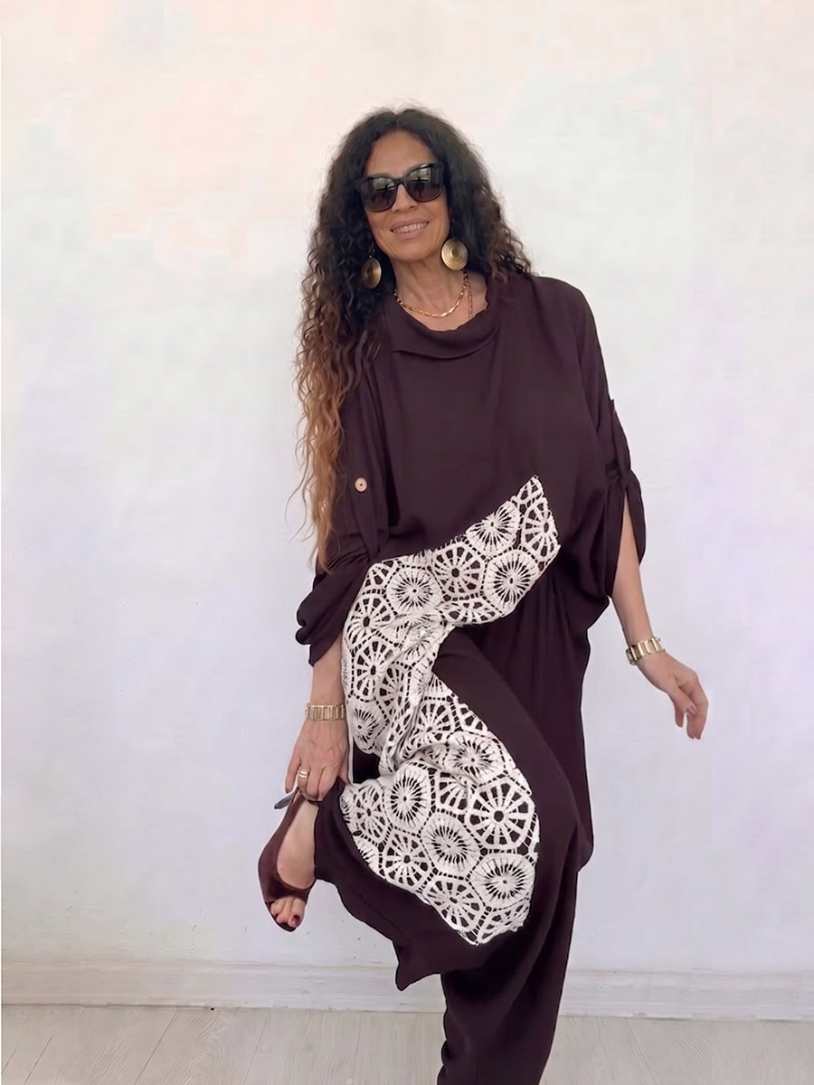 Women's Two-piece Set: Linen-blend Crew-neck Top And Wide-leg Pants With Lace-panel Detail – Casual Outfit