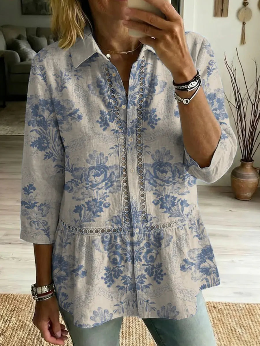 Women's Retro Floral Art Print Casual Lapel Cotton Shirt
