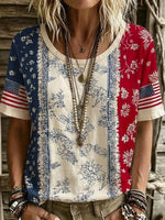 Women's Retro Floral Flag Art Print Casual Short Sleeve Cotton Linen Shirt