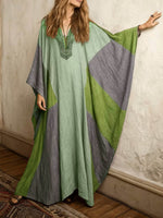 Women's Retro Geometric Print V-neck Long-sleeve Casual Loose Cotton-linen Dress