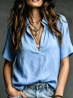 Women's Casual V-neck Short-sleeve Solid-color Cotton-linen Top
