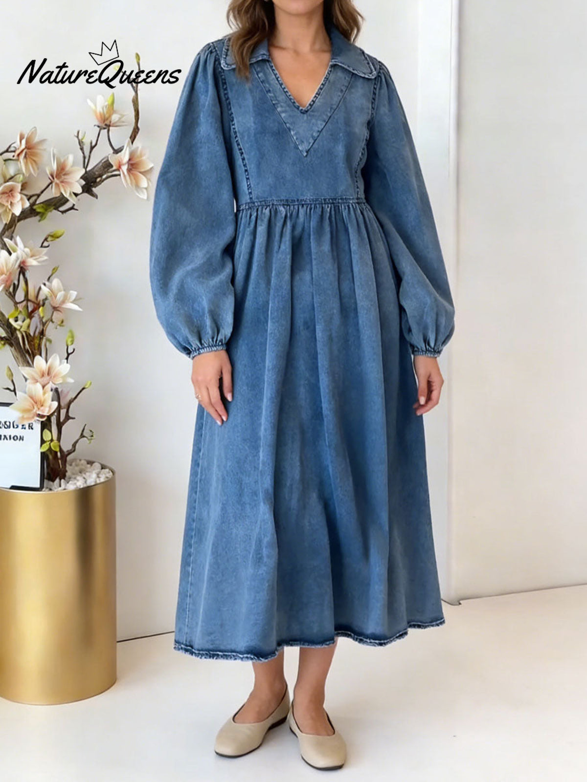 Women's V-neck Puff Sleeve Casual Loose Denim Dress