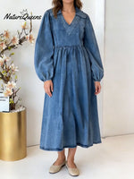 Women's V-neck Puff Sleeve Casual Loose Denim Dress