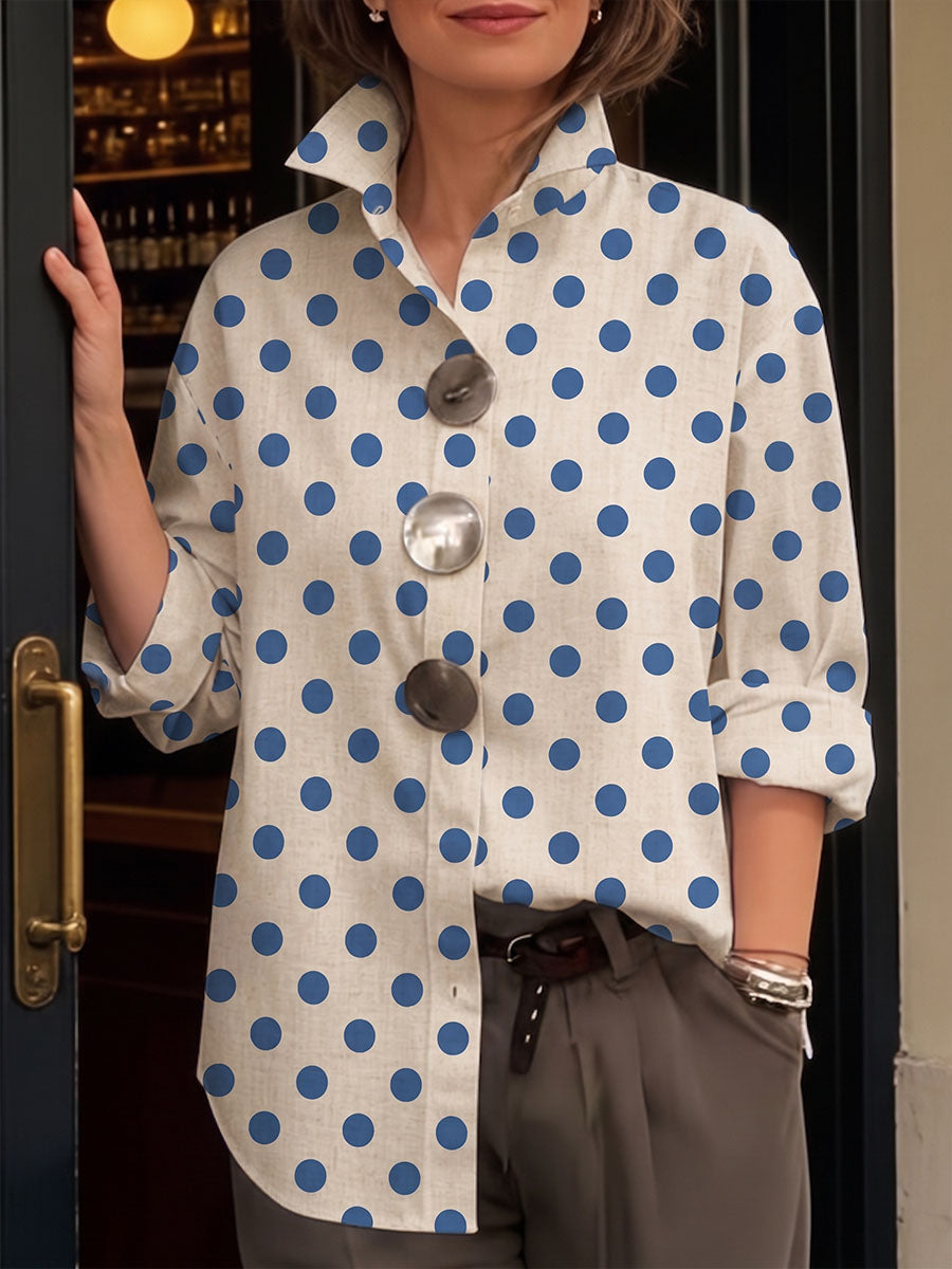 Women's Polka Dot Print Cotton Shirt — Lapel Collar Long Sleeve Casual Loose Fit