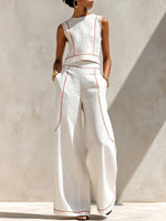 Women's Casual Cotton-linen Set: Crew-neck Sleeveless Loose-fit Top & High-waisted Loose Wide-leg Pants