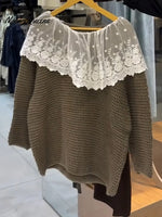 Women's Solid Color Round Neck Long Sleeve Lace-trimmed Casual Loose Knit Top