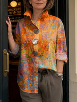 Women's Colorful Abstract Art Print Cotton Shirt — Lapel, Long Sleeve, Casual Loose Fit