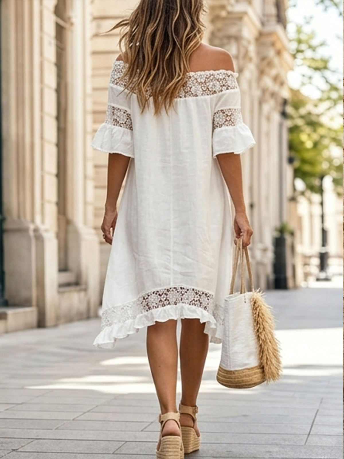 Women’s Lace Off Shoulder Casual Short Sleeve Cotton Linen Maxi Dress